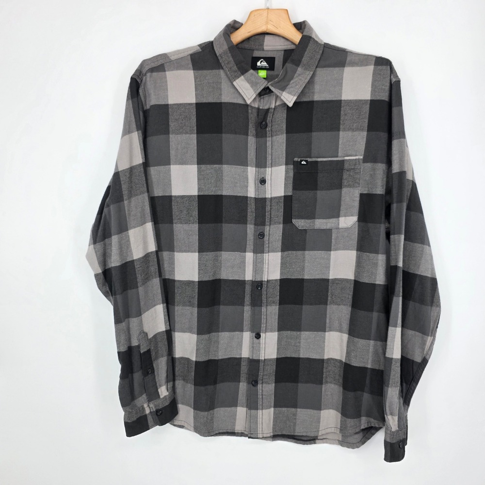 Quiksilver Motherfly Mens XL Flannel Shirt Gray Black Plaid Cotton Button Down